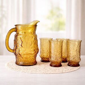 Anchor Hocking Amber Glassware Set Pitcher Glasses VTG 5 Piece Rainflower Drinkw
